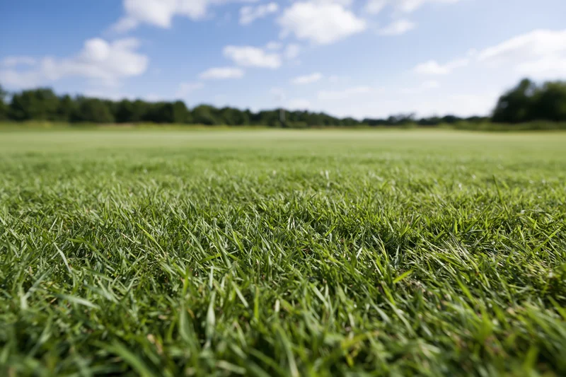 Closely mowed green grass covering a wide open field under a blue sky with scattered clouds