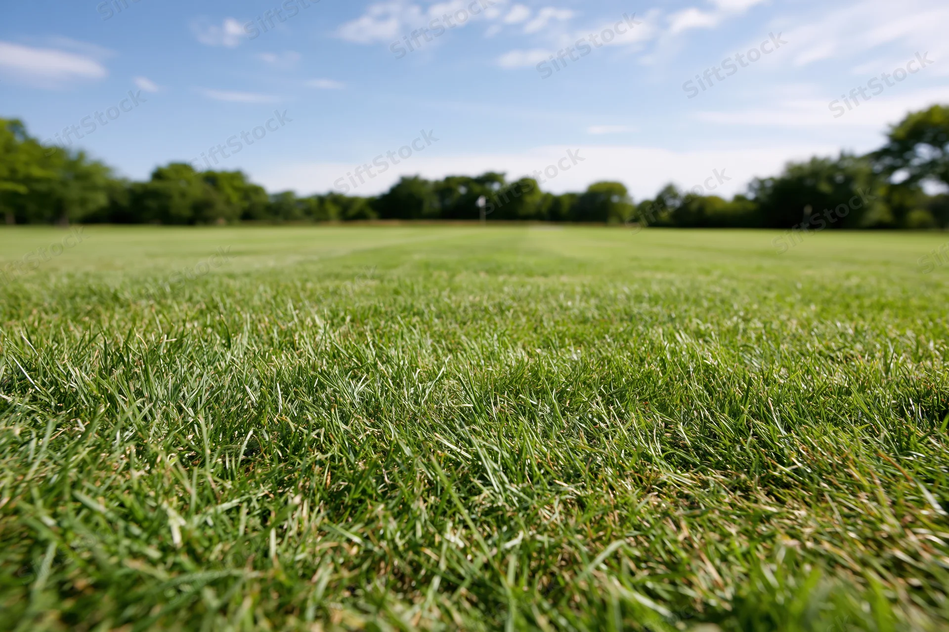 Closely mowed green grass in a park field under a blue sky with scattered clouds