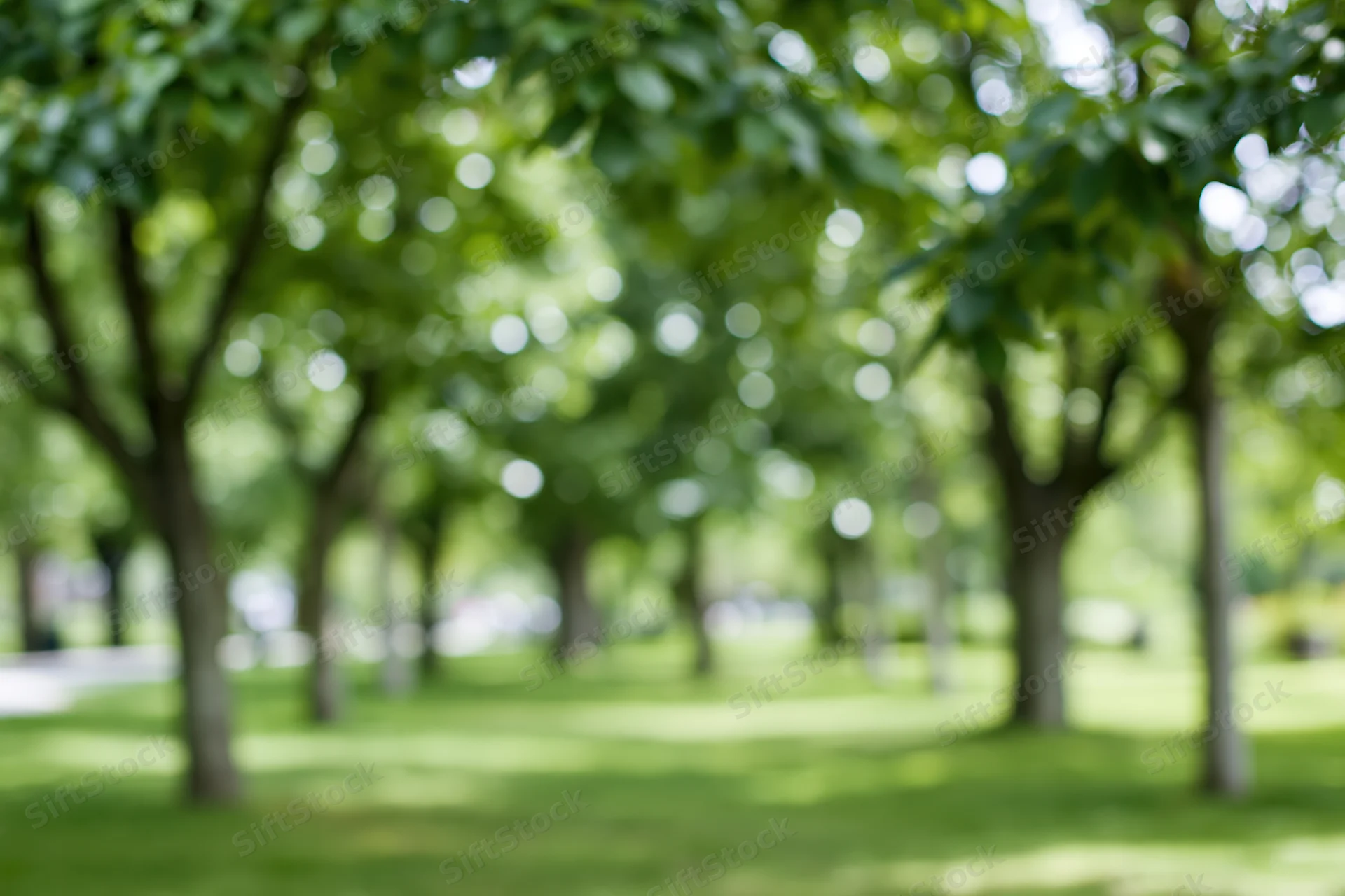 Rows of trees in a park with blurred foliage and dappled sunlight on green grass