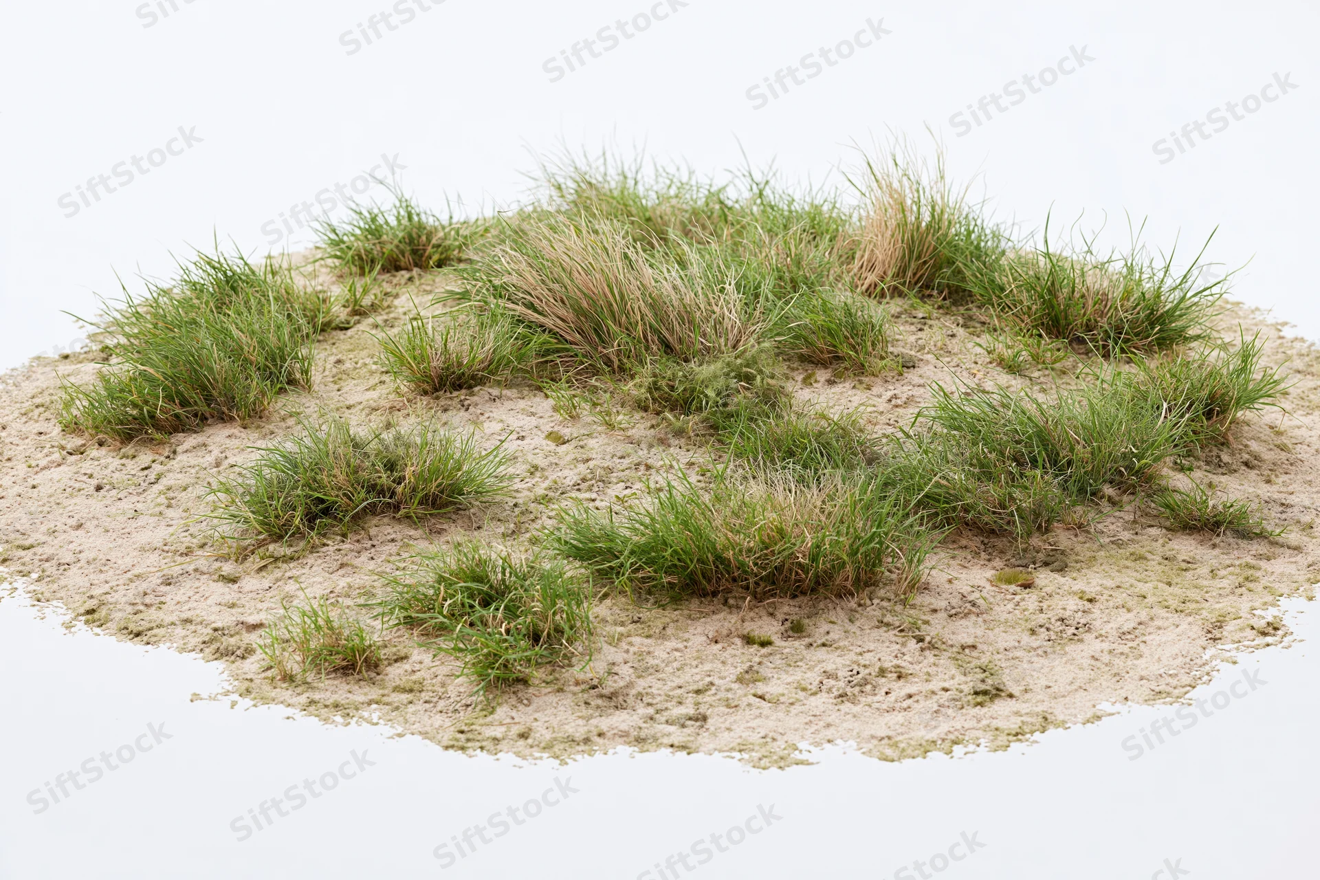 Sparse dry grass and bare sandy soil forming an isolated patch on a plain surface