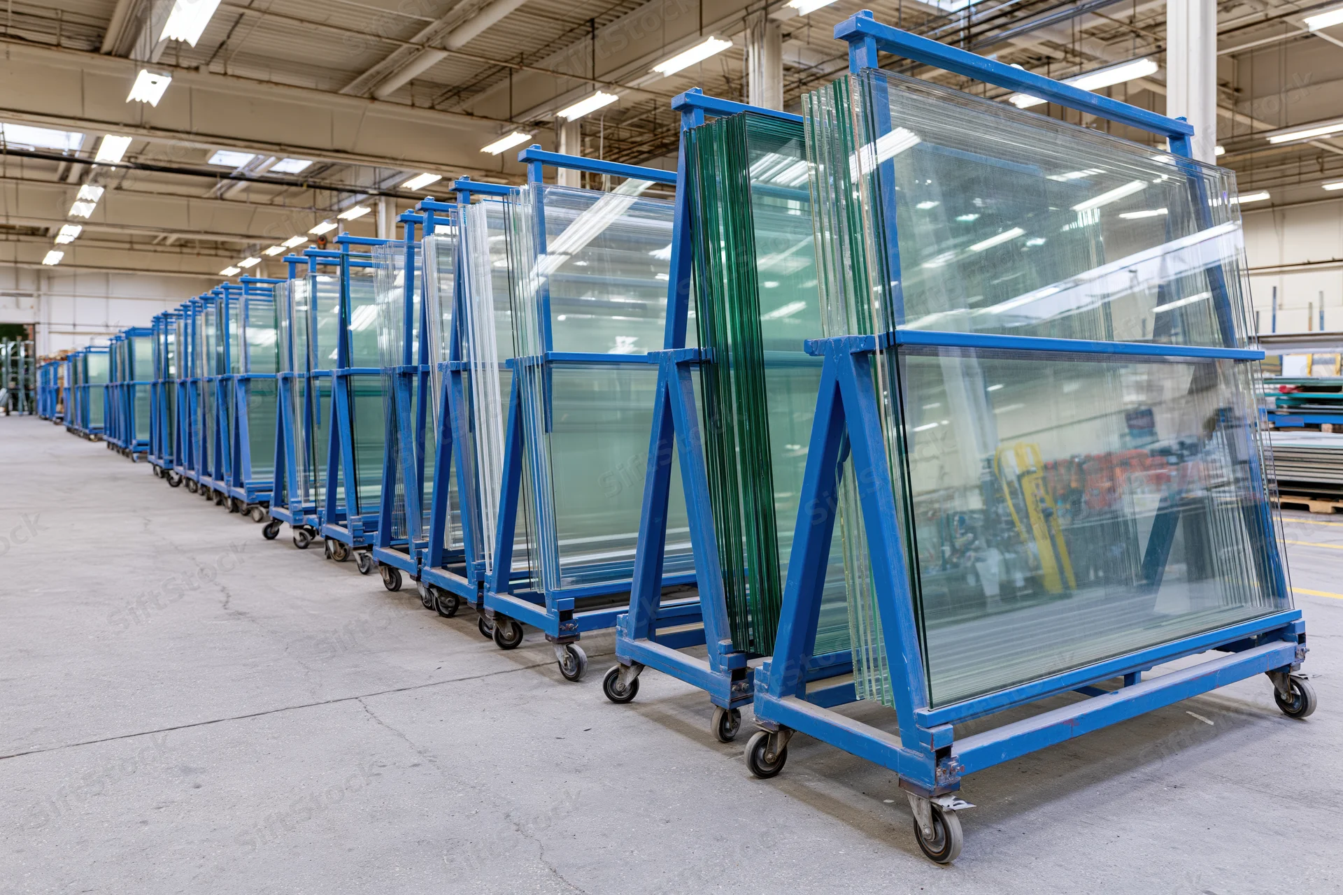Large glass panels stored upright on blue steel a-frame racks in a warehouse interior