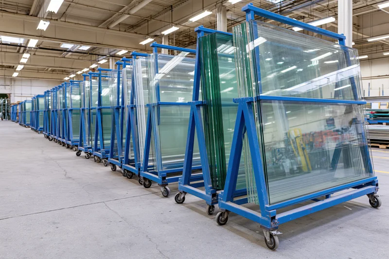 Large glass panels stored upright on blue steel a-frame racks in a warehouse interior