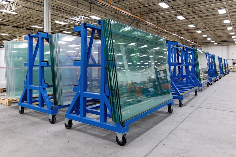 Large glass panels stored upright on blue steel a-frame mobile racks in a warehouse