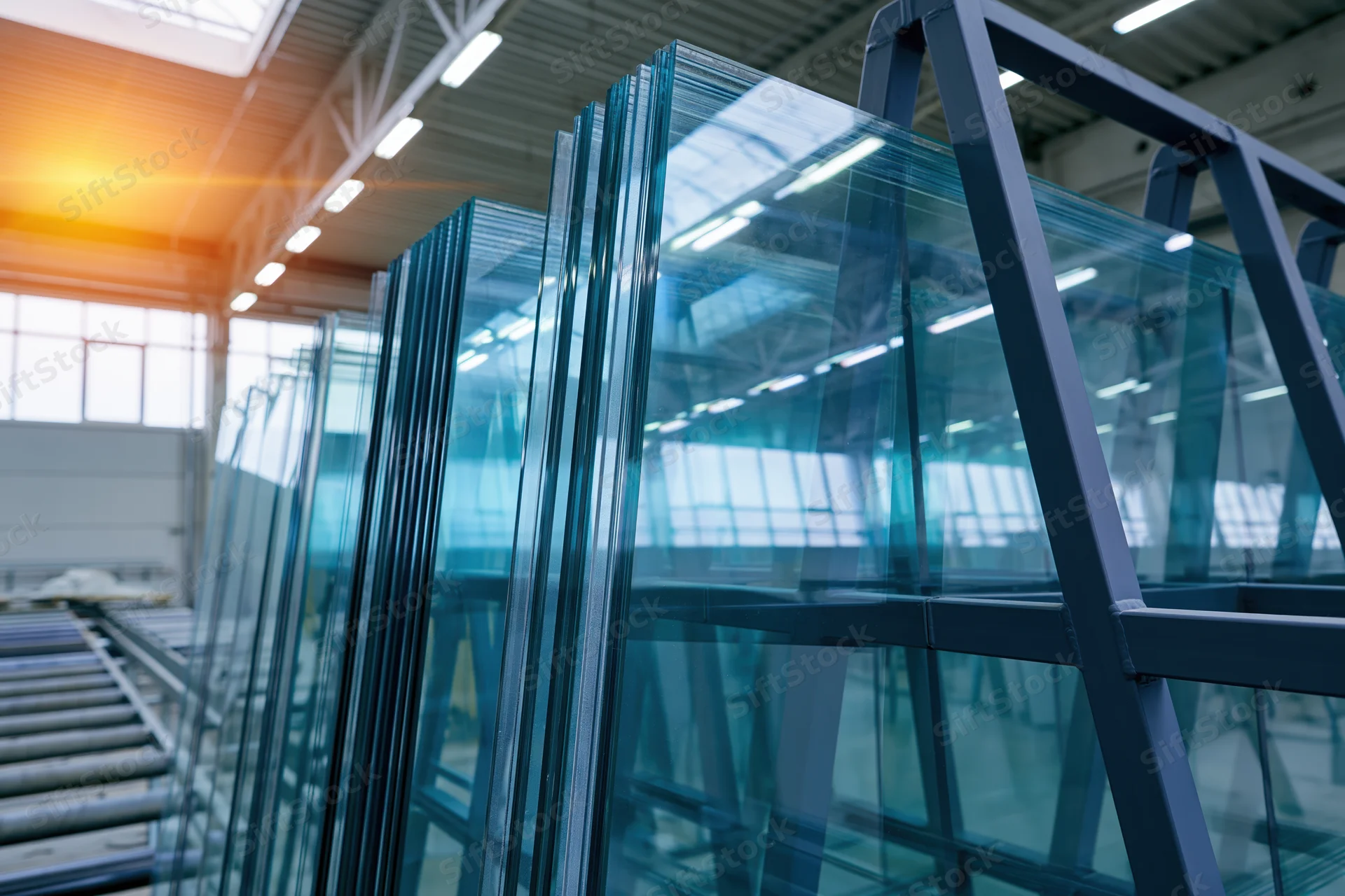 Large glass panels stored vertically in metal a-frame racks inside an industrial warehouse