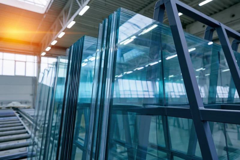 Large glass panels stored vertically in metal a-frame racks inside an industrial warehouse