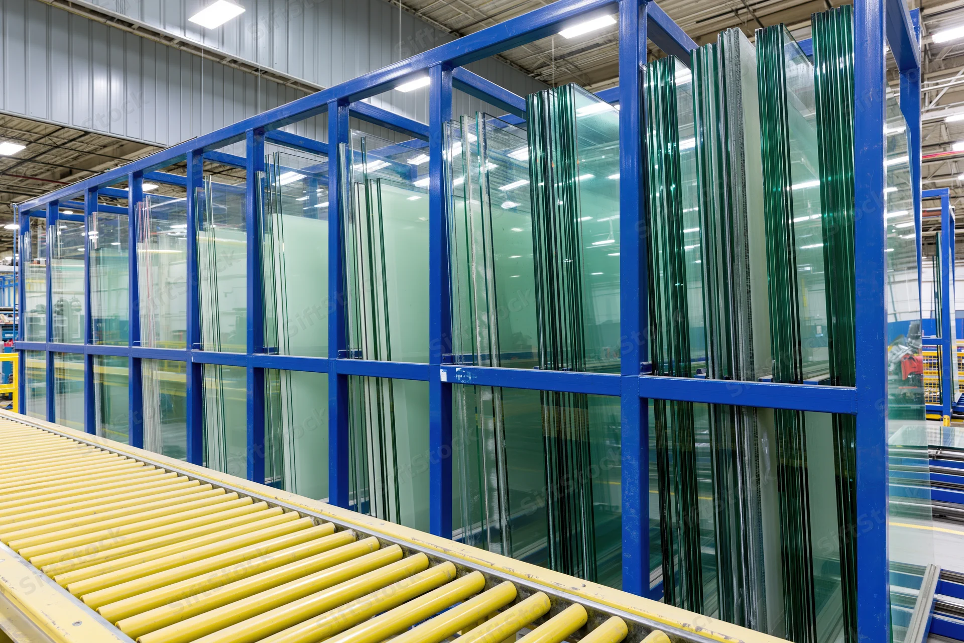 Large flat glass sheets standing vertically in blue metal racks inside an industrial factory warehouse