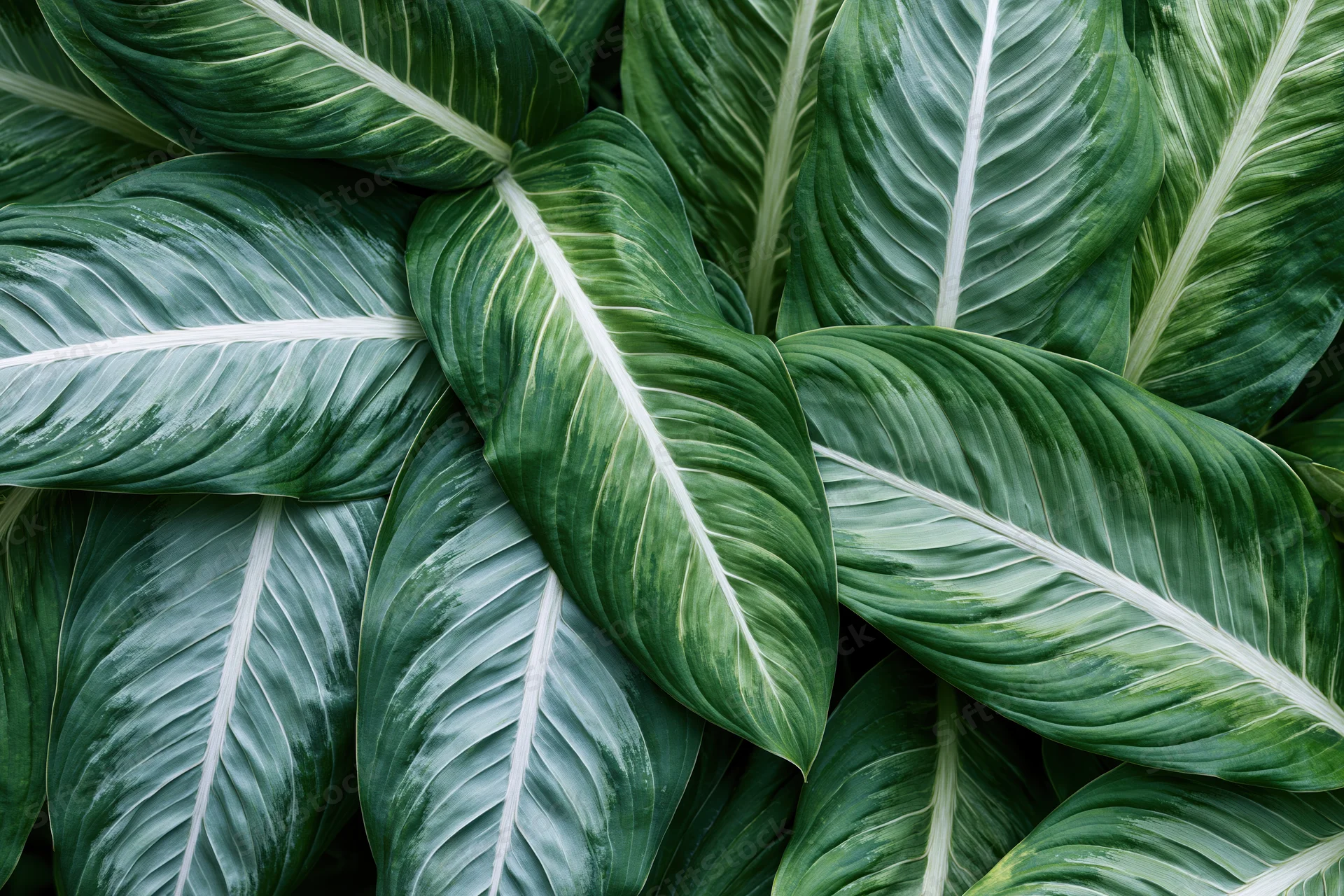 Tropical leaves overlapping and filling the frame in a dense natural pattern