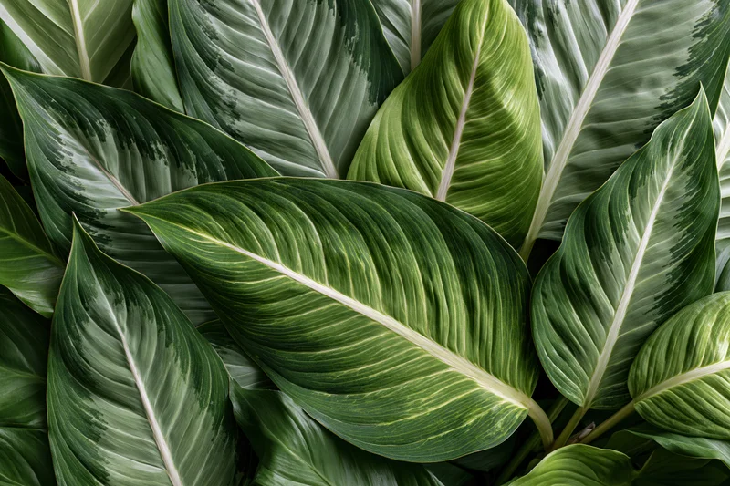 Tropical leaves overlapping and filling the frame in a dense natural pattern