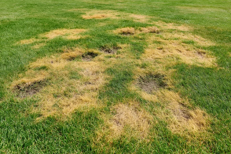 Lawn with irregular dead brown-yellow patches and exposed soil