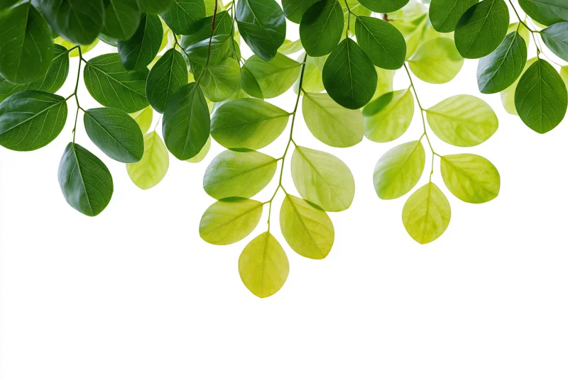 Oval green leaves on a branch extending across the frame with copyspace below
