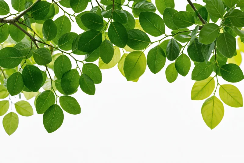 Leafy tree branch with oval green leaves extending across the frame, creating a natural border with copyspace below