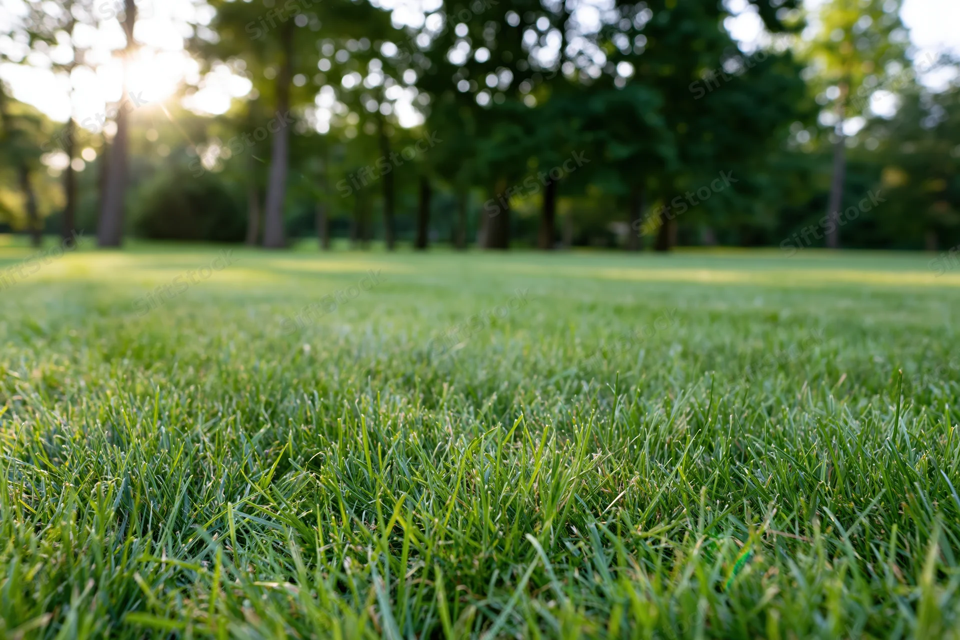 Freshly mowed grass in a park with trees and sunlight in the background