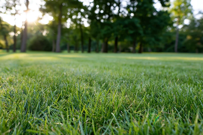 Freshly mowed grass in a park with trees and sunlight in the background