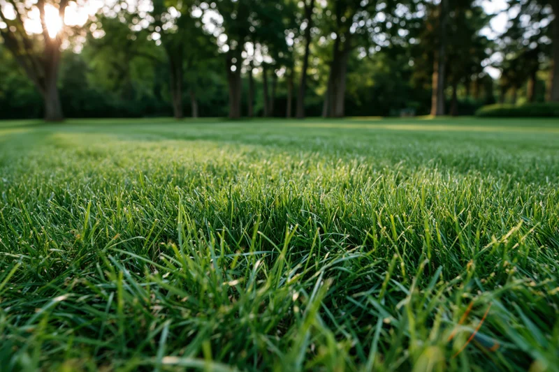 Freshly mowed green lawn stretching toward trees in a park at daytime