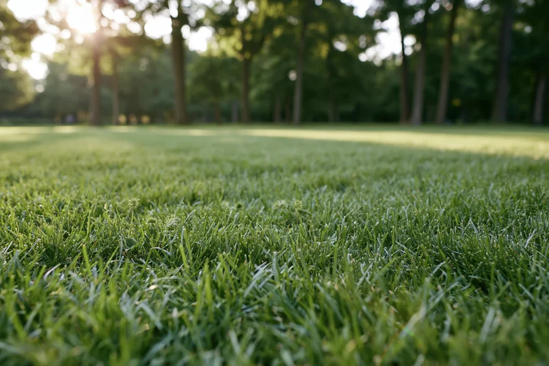 Freshly mowed green lawn stretching toward a line of trees in a park setting at ground level