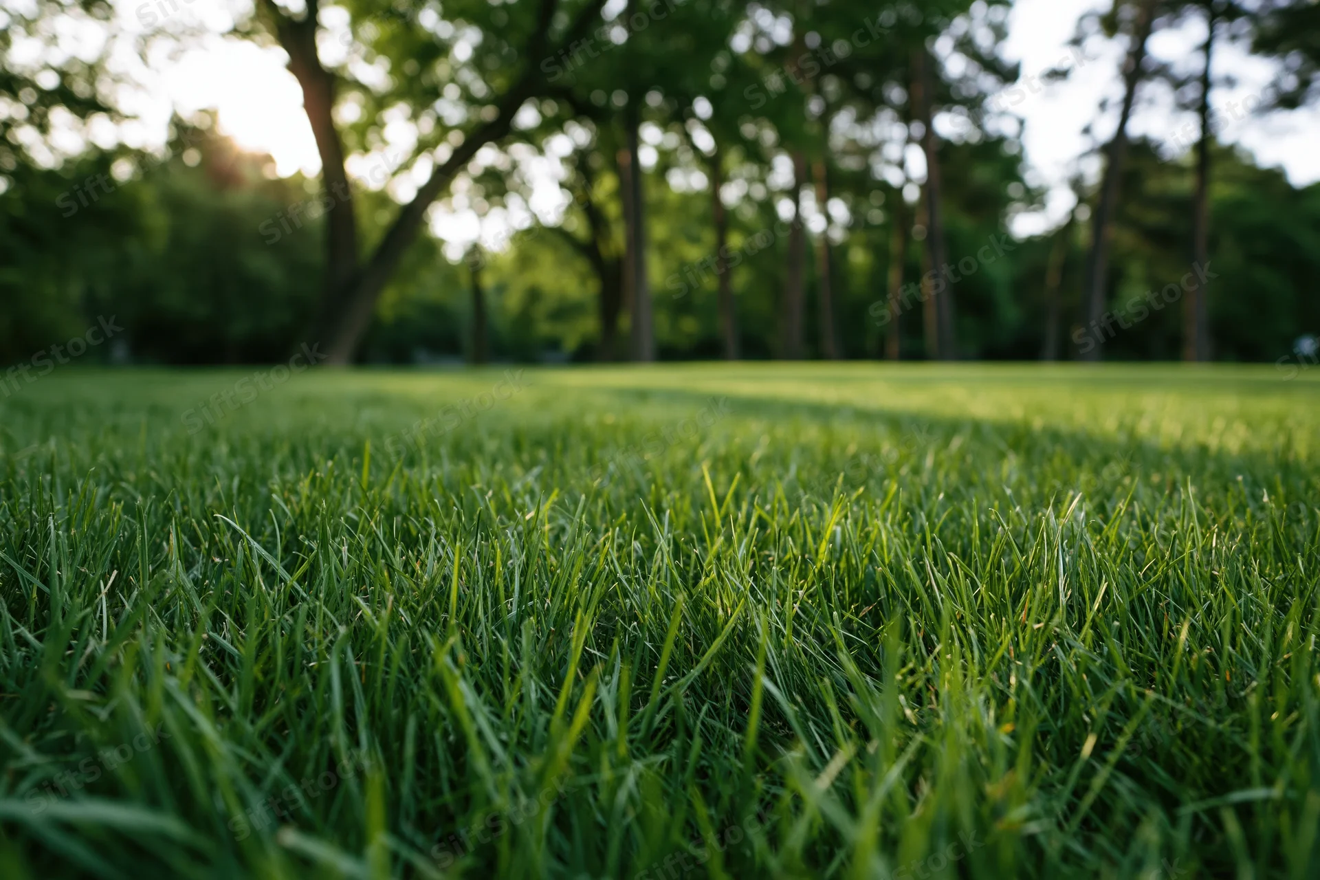 Low-angle view of freshly mowed green lawn stretching toward trees in a park setting