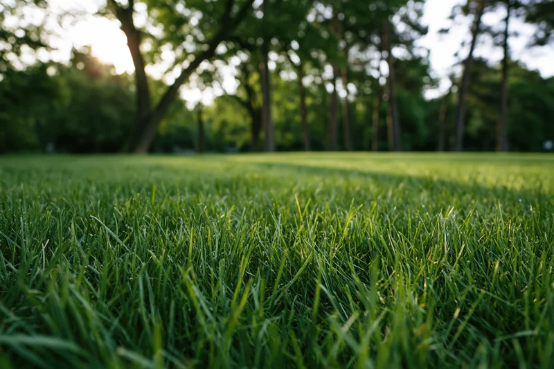 Low-angle view of freshly mowed green lawn stretching toward trees in a park setting