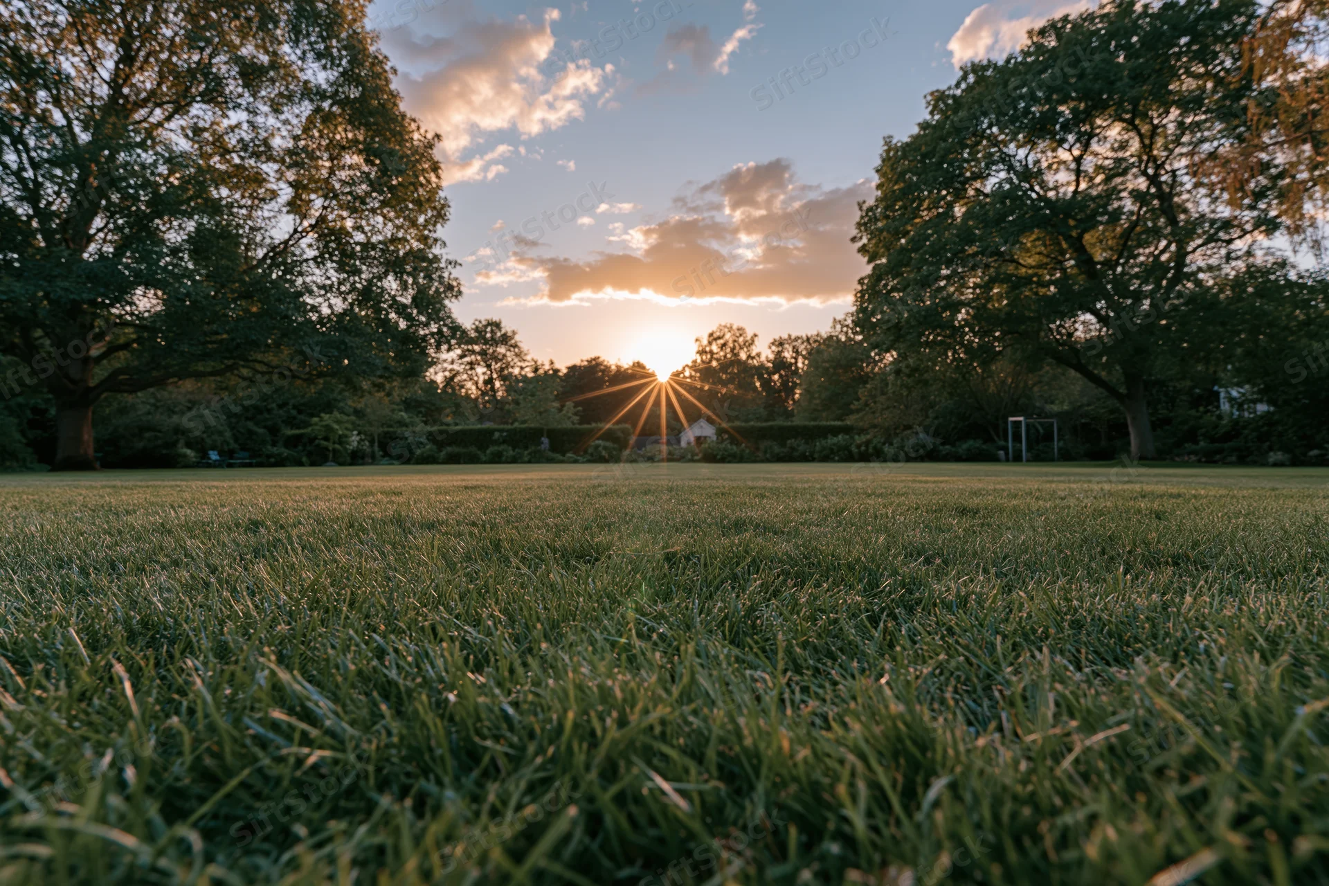 Low-angle view of a freshly mowed lawn stretching toward a sunset in a park with trees and a distant goalpost