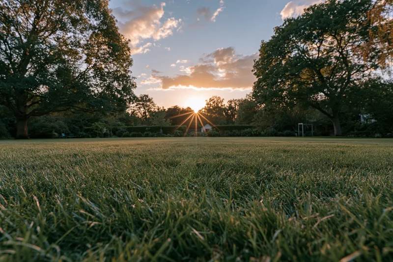 Low-angle view of a freshly mowed lawn stretching toward a sunset in a park with trees and a distant goalpost