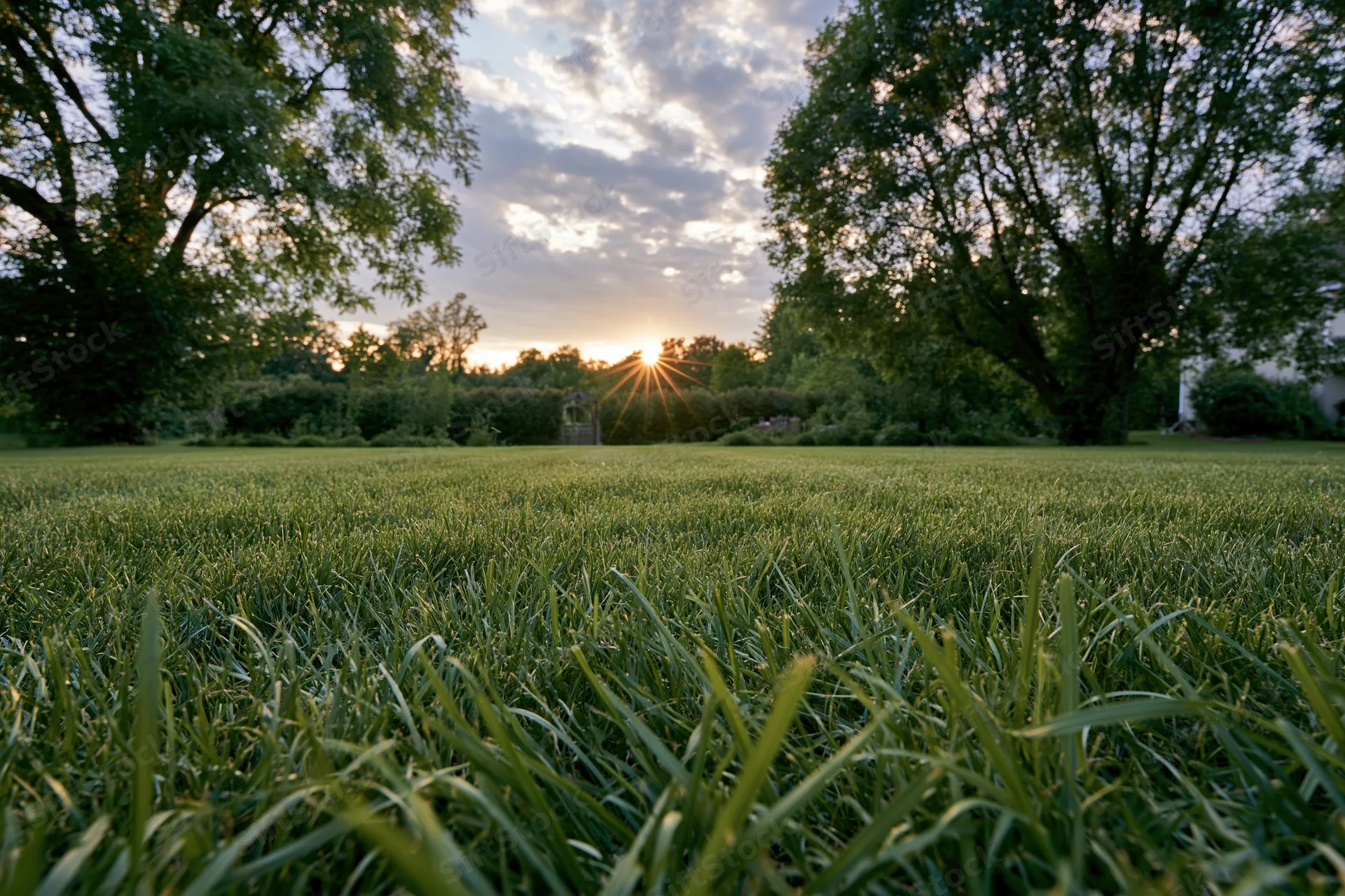 Freshly mowed lawn stretching toward a sunset horizon framed by trees and clouds