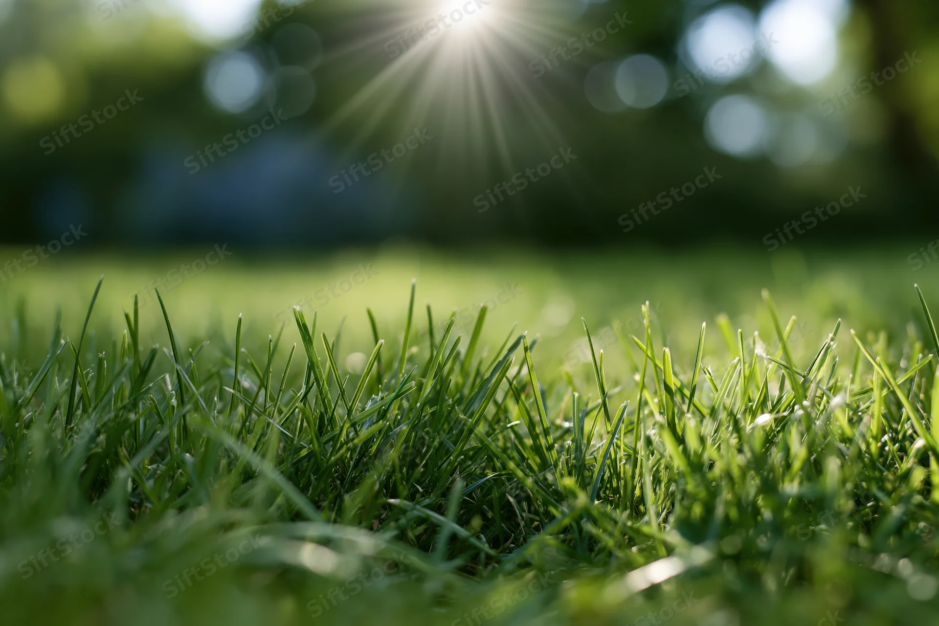 Low-angle view of fresh green grass in a sunlit outdoor field