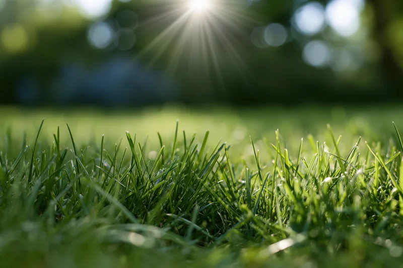 Low ground-level view of fresh green grass in the foreground