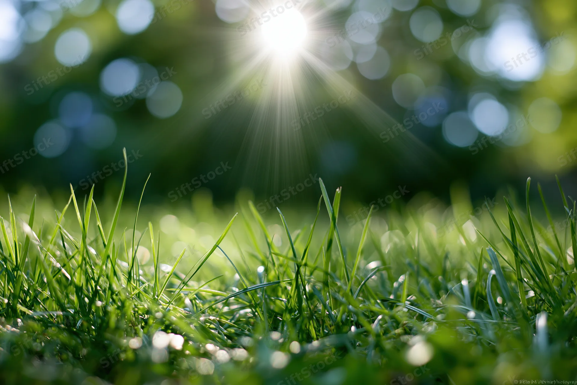 Fresh green grass in foreground with sunlight filtering through trees above