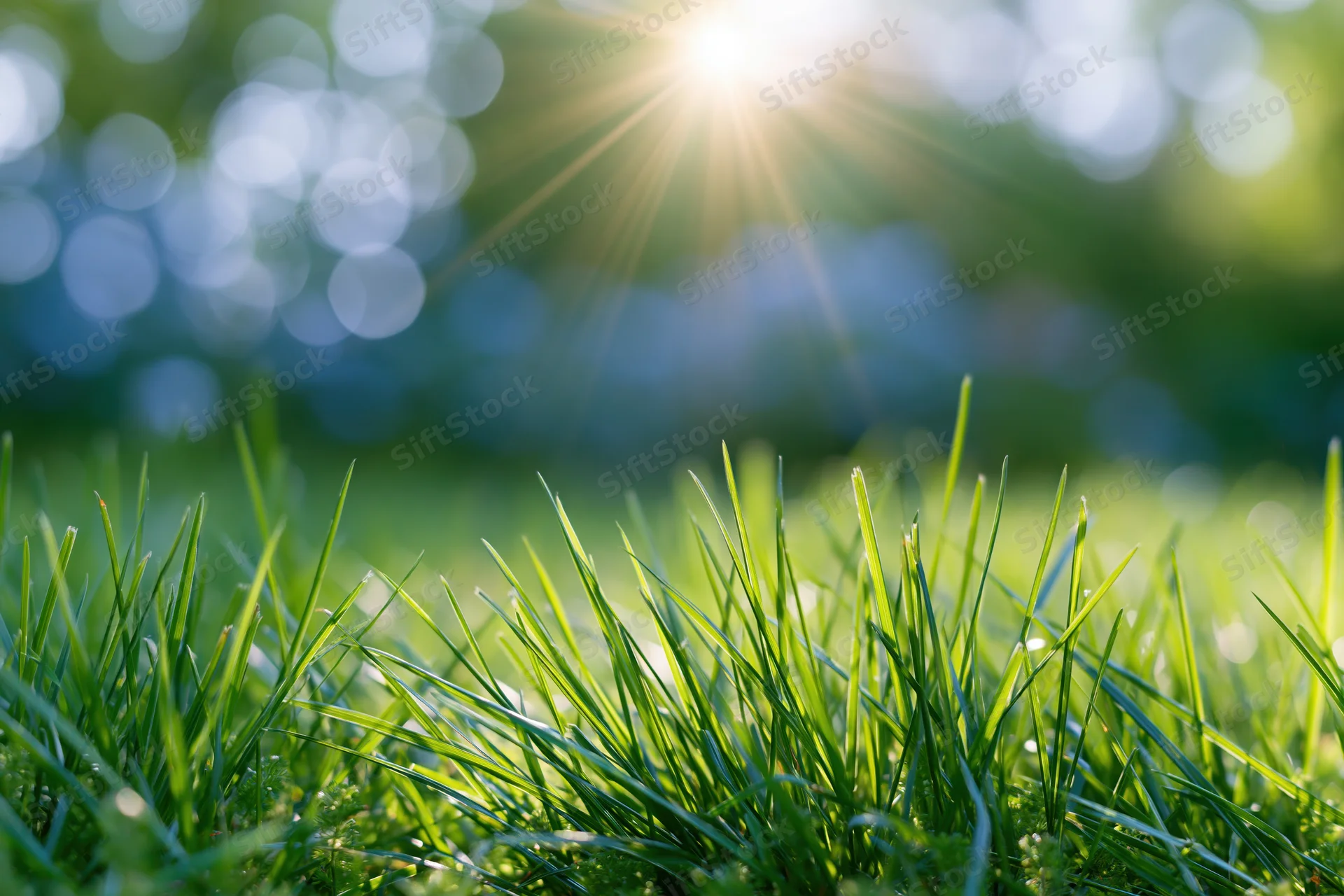 Close-up of fresh green grass blades in sunlight with blurred natural background