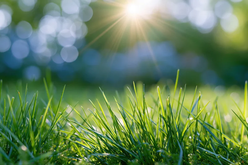 Close-up of fresh green grass blades in sunlight with blurred natural background