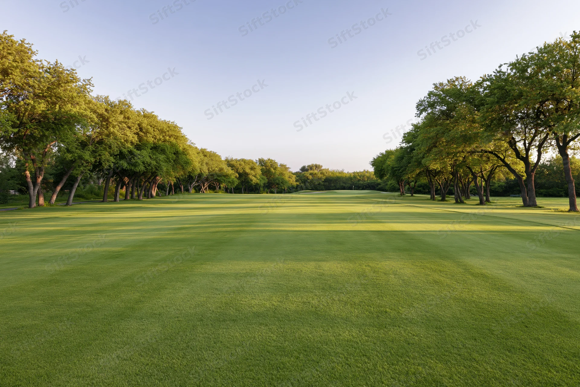 Manicured golf course fairway stretching toward distant treeline under clear sky