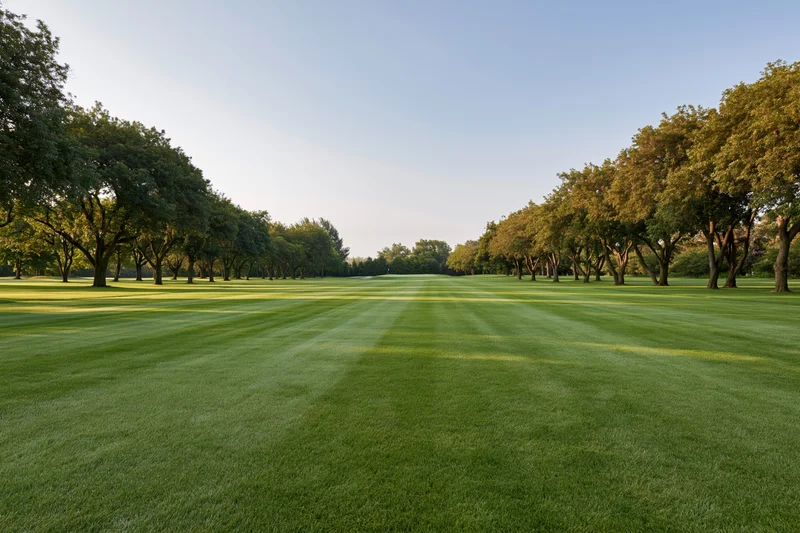 Manicured golf course fairway stretching between rows of trees under clear sky