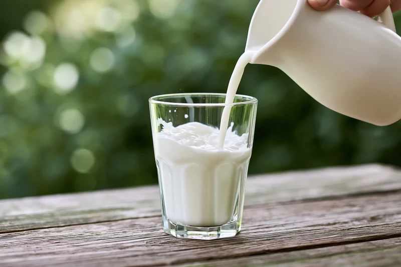 Milk being poured from a white ceramic jug into a clear glass on a wooden table outdoors