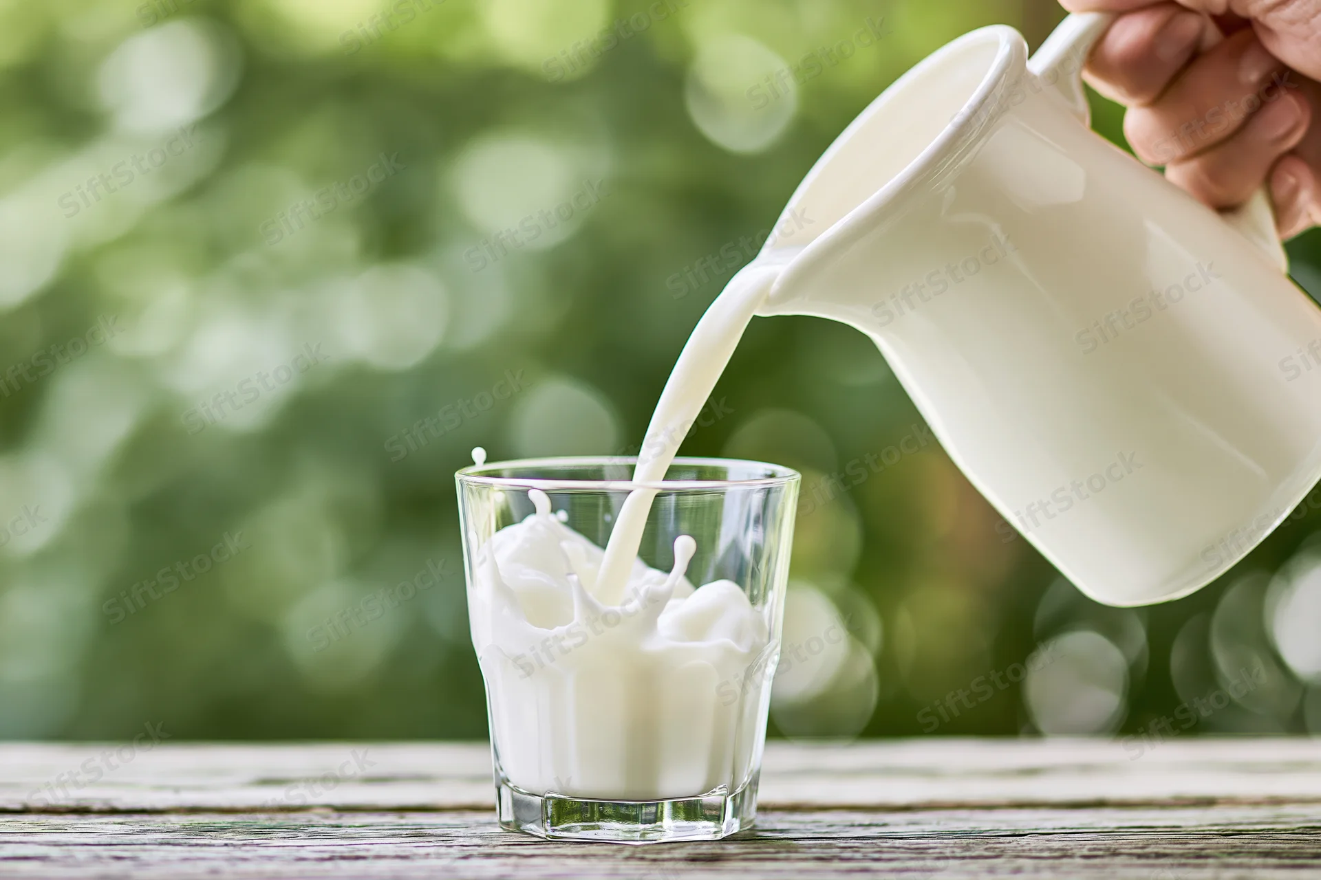 Milk being poured from a white ceramic jug into a clear glass on a wooden table outdoors