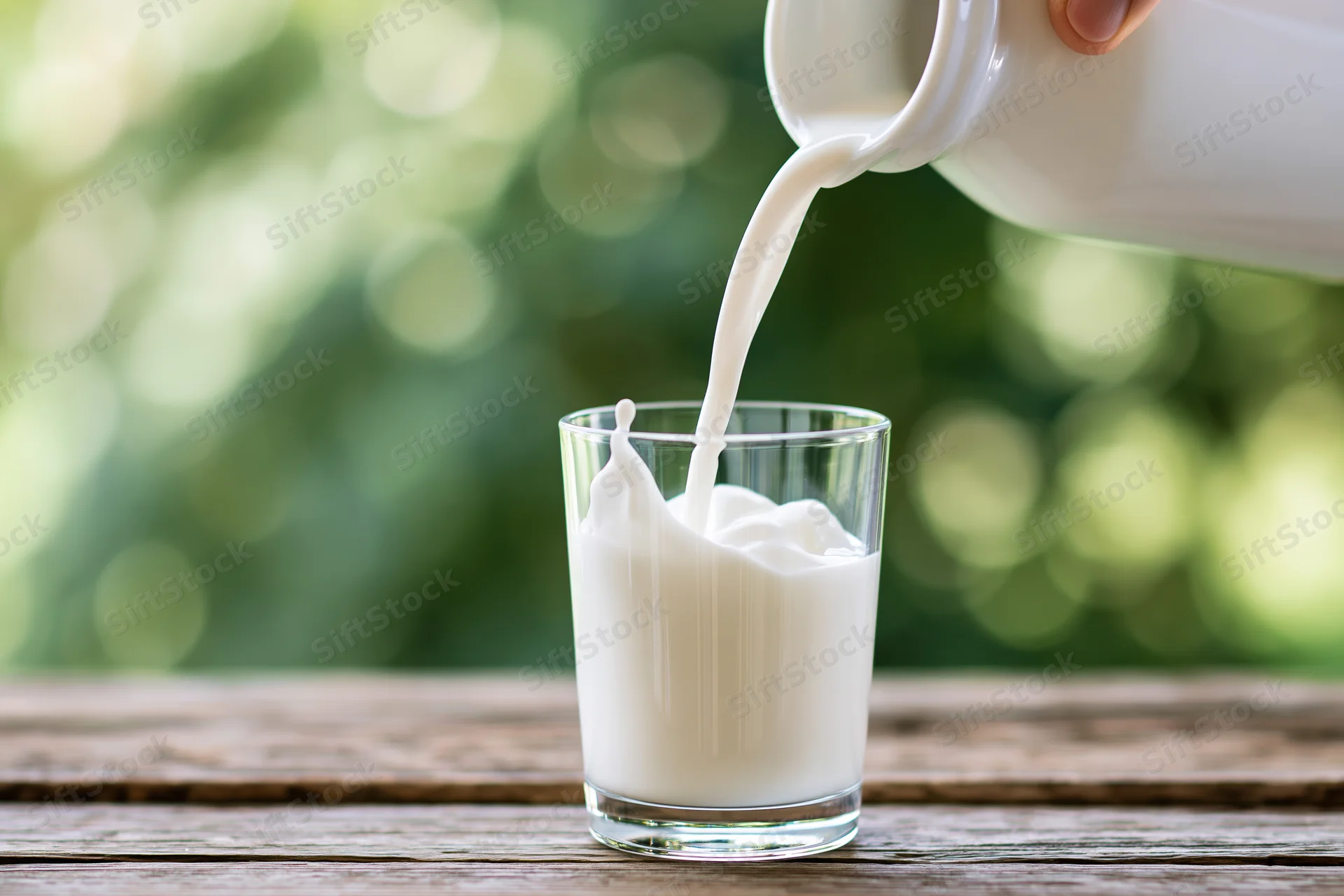 Milk being poured from a white ceramic jug into a clear glass on a wooden table outdoors