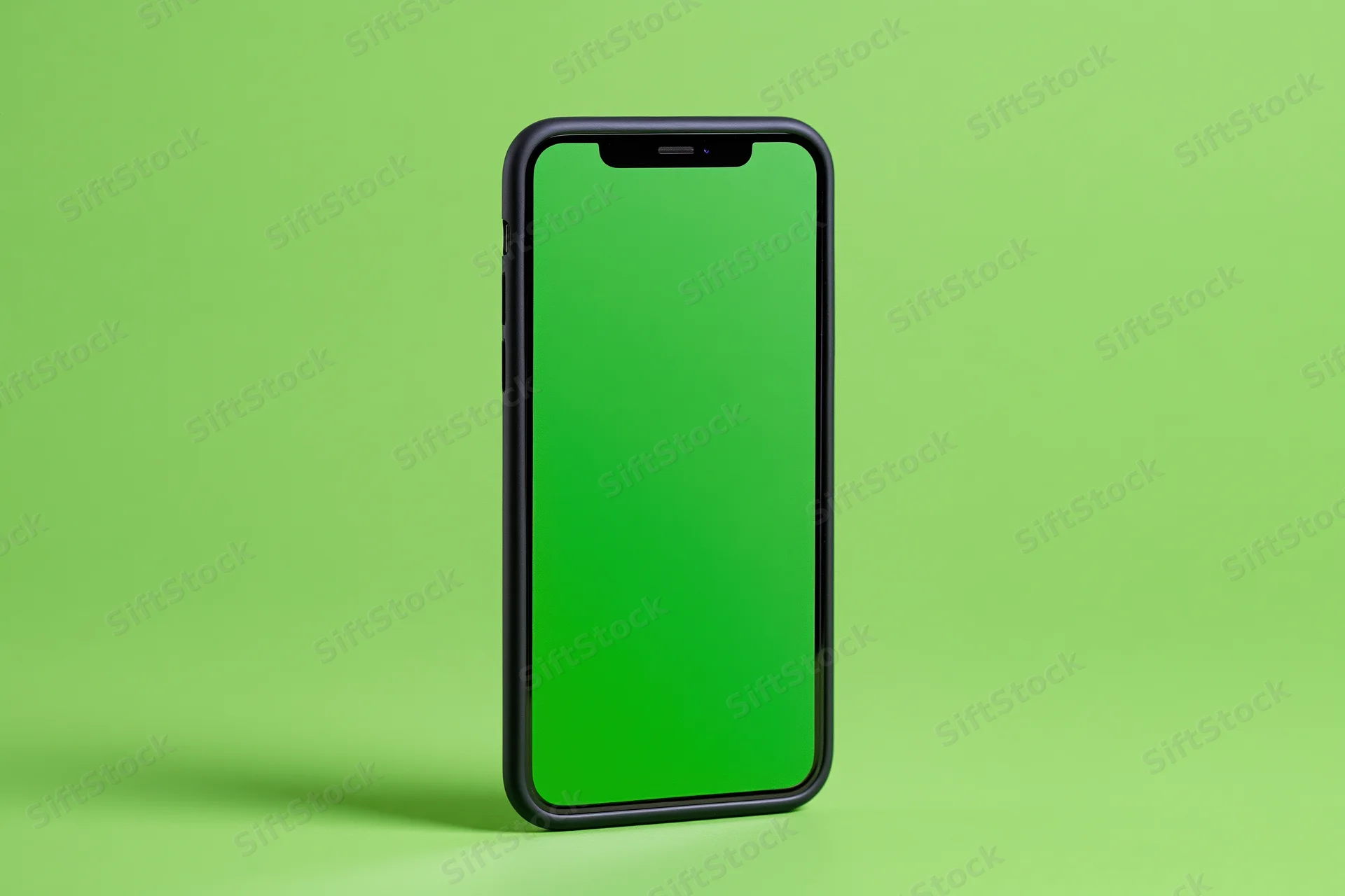Black smartphone with blank green screen standing on lime green surface