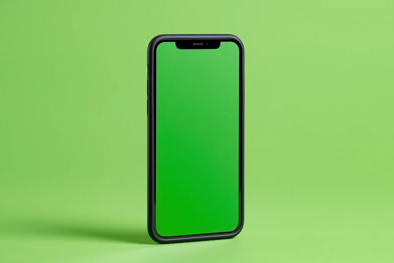 Black smartphone with blank green screen standing on lime green surface