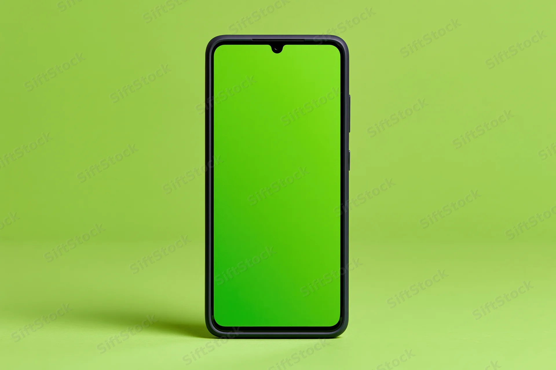 Black smartphone with blank green screen standing upright on green surface