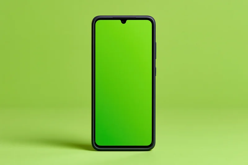 Black smartphone with blank green screen standing upright on green surface