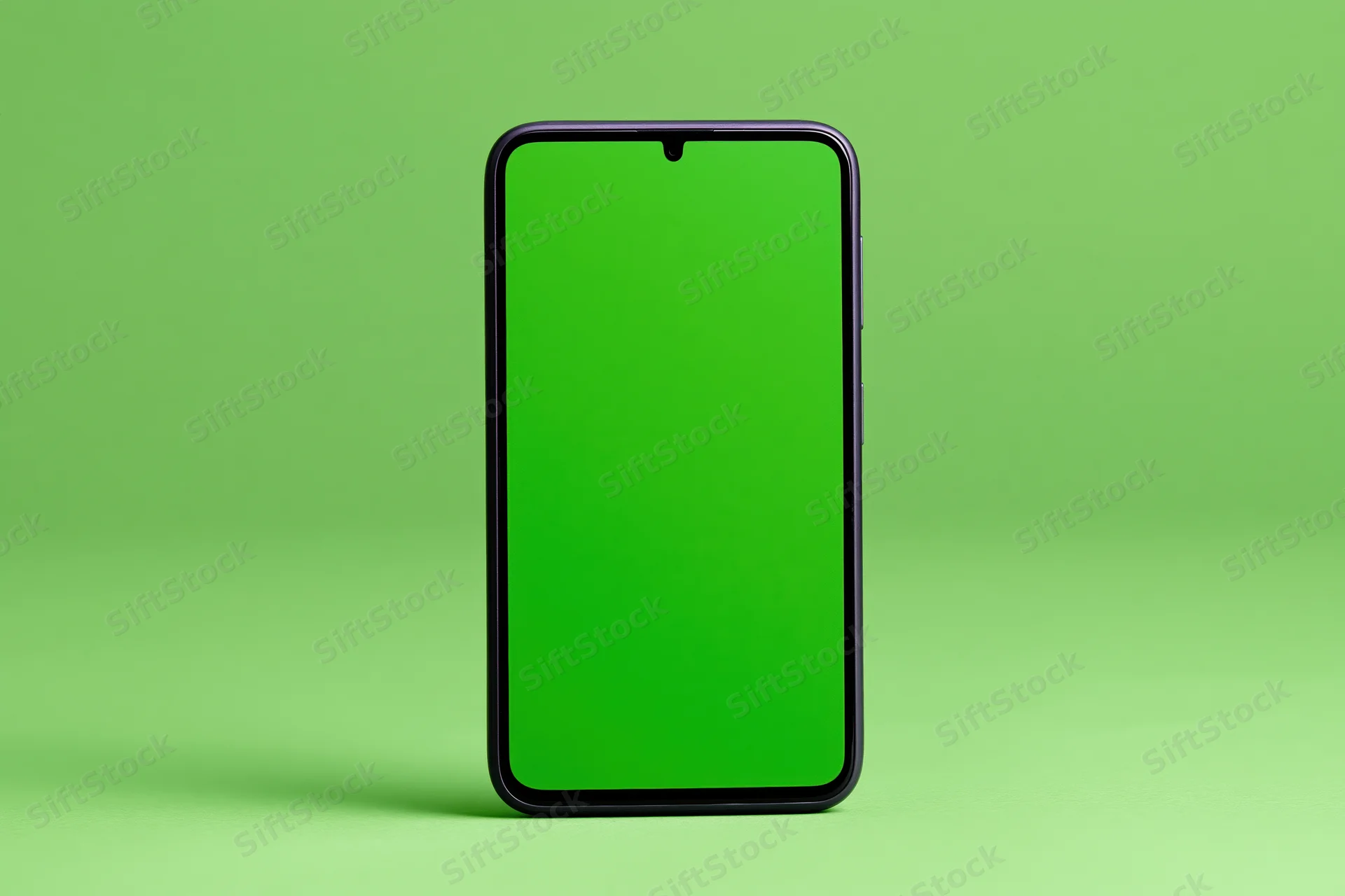 Black smartphone with blank green screen standing upright on green surface