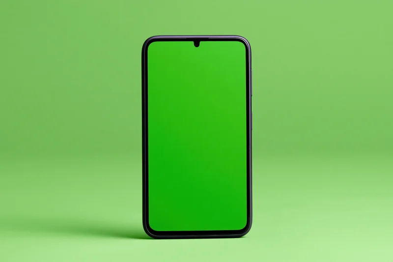 Black smartphone with blank green screen standing upright on green surface