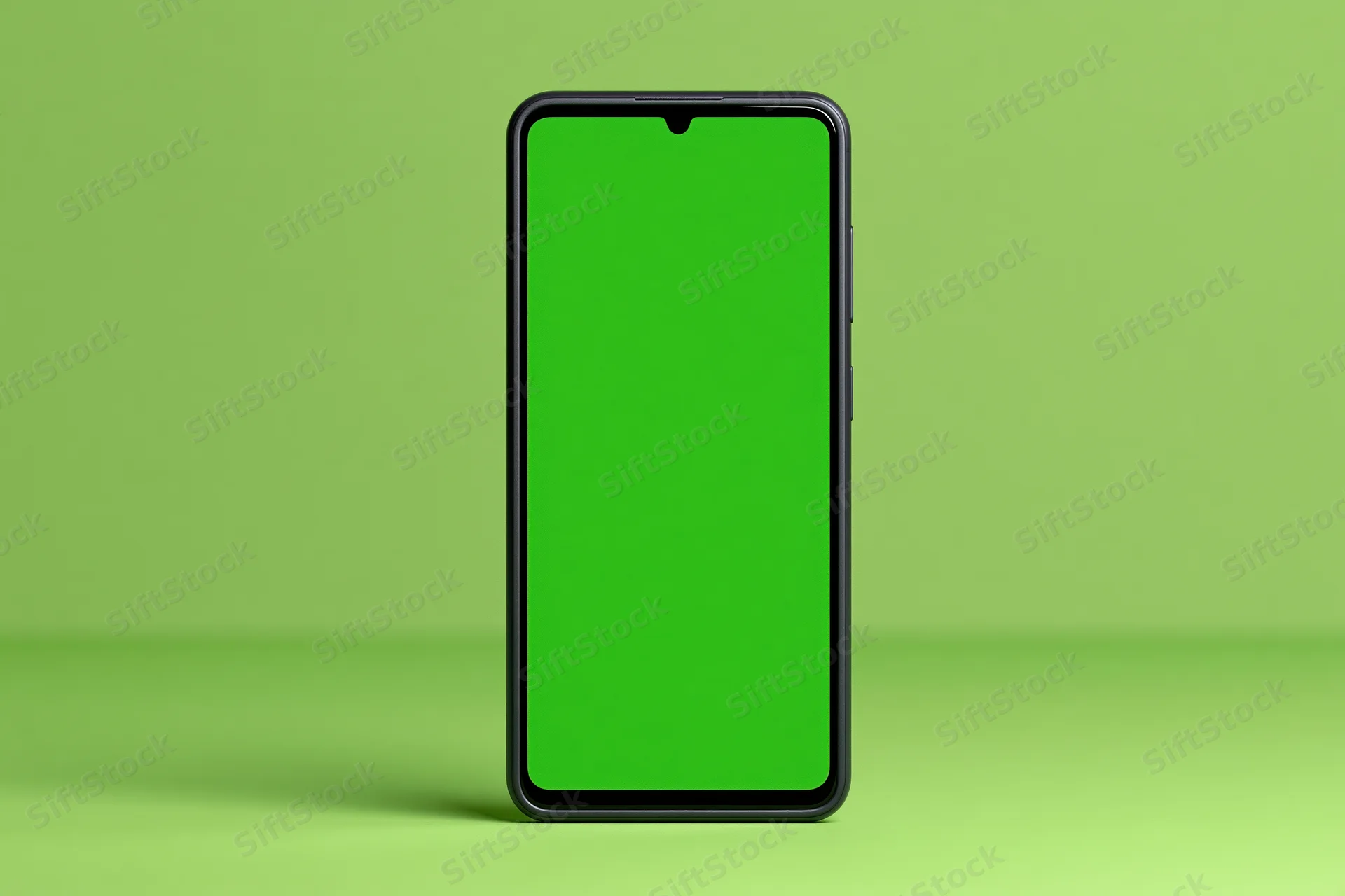 Black smartphone with blank green screen standing upright on green surface
