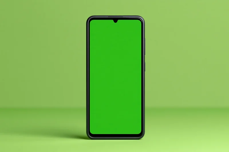 Black smartphone with blank green screen standing upright on green surface