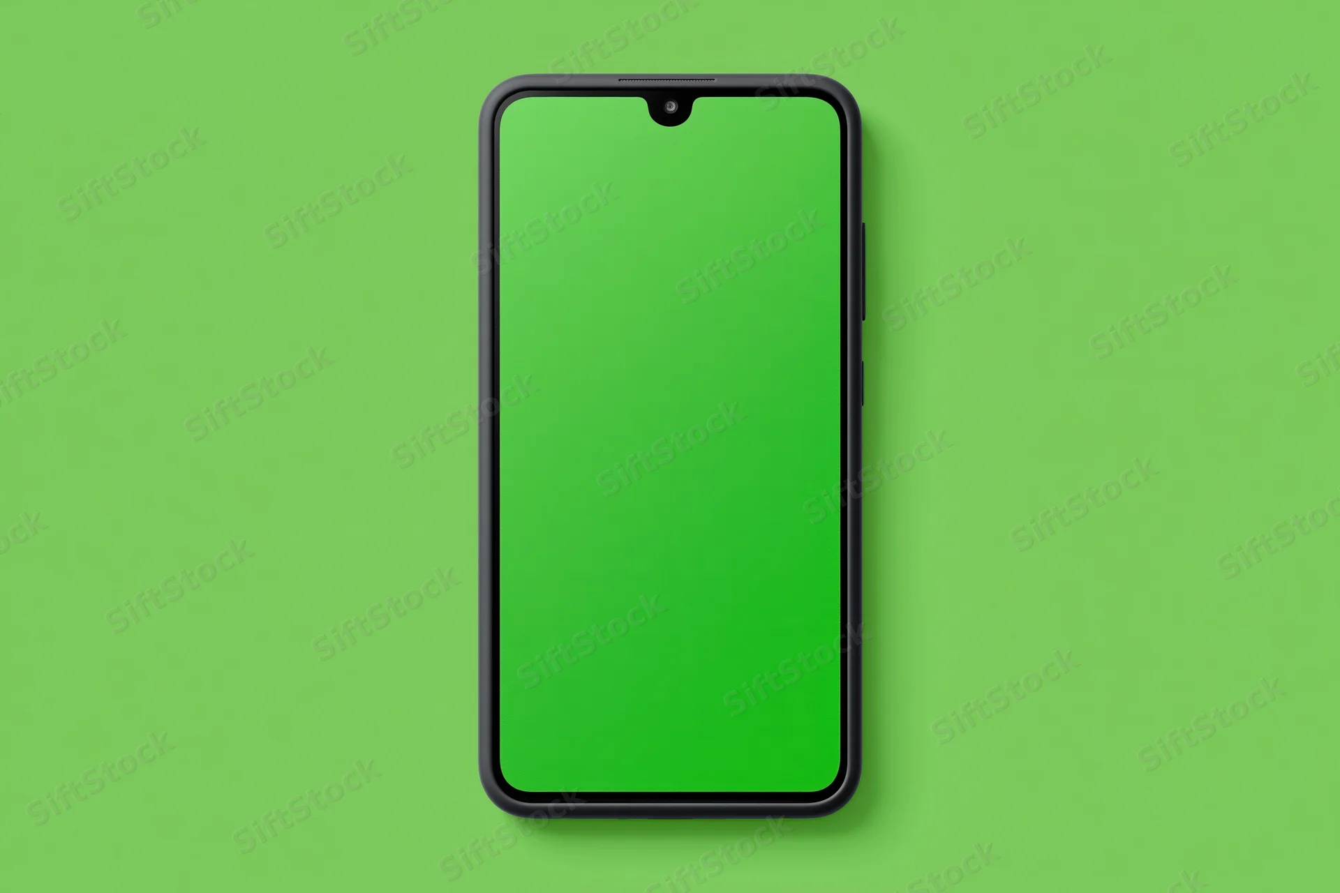 Black smartphone with blank green screen facing forward on green background