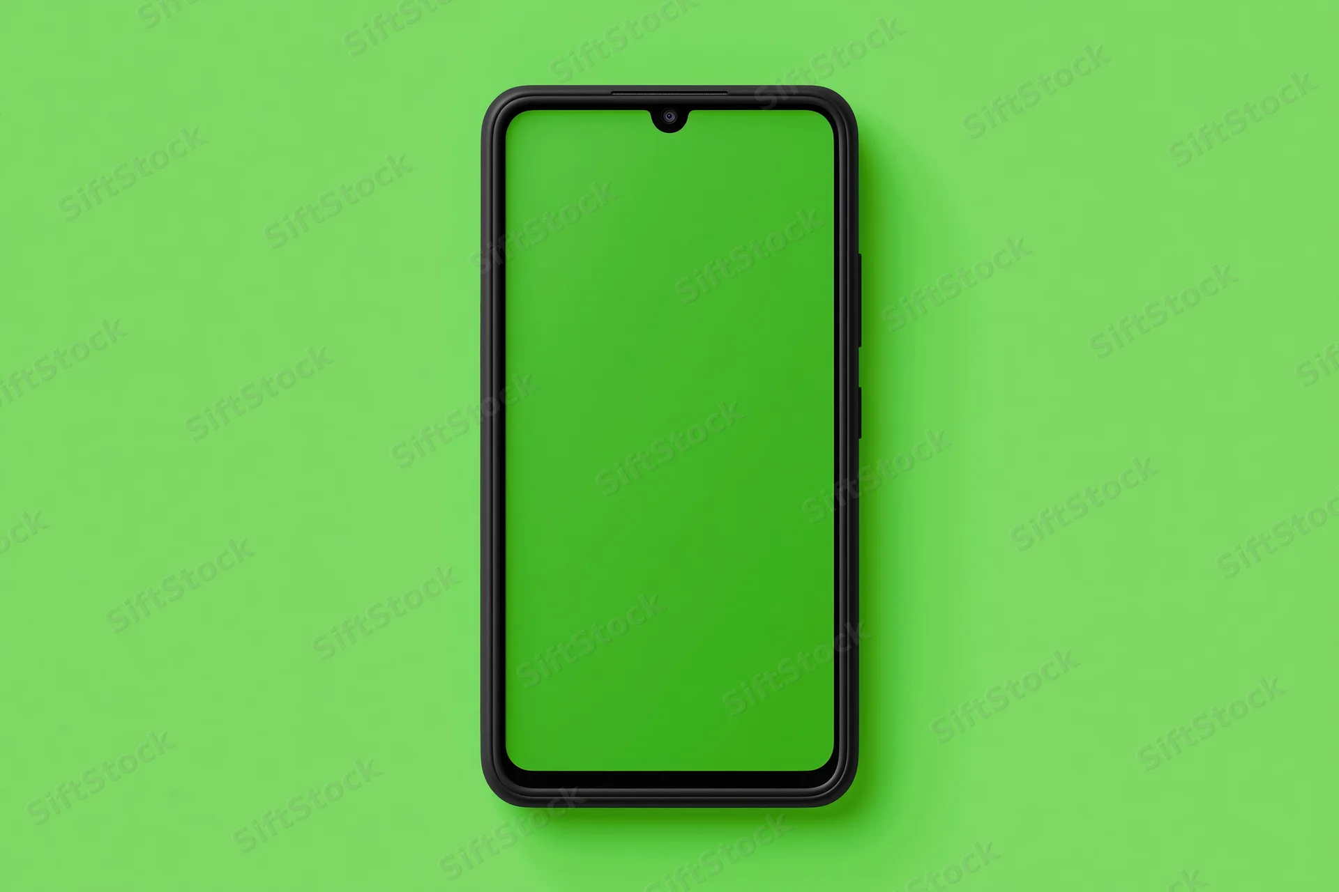 Black smartphone with blank green screen facing forward on green background