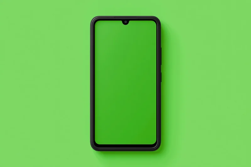 Black smartphone with blank green screen facing forward on green background