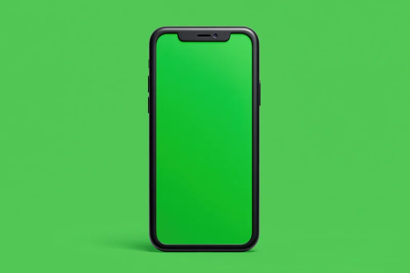 Black smartphone with blank green screen facing forward on green background