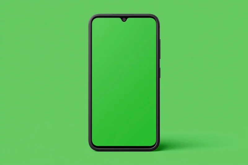 Black smartphone with blank green screen facing forward on green background