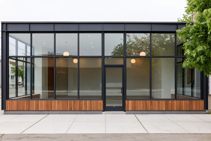 Modern retail storefront with large floor-to-ceiling glass windows and wood paneling at ground level
