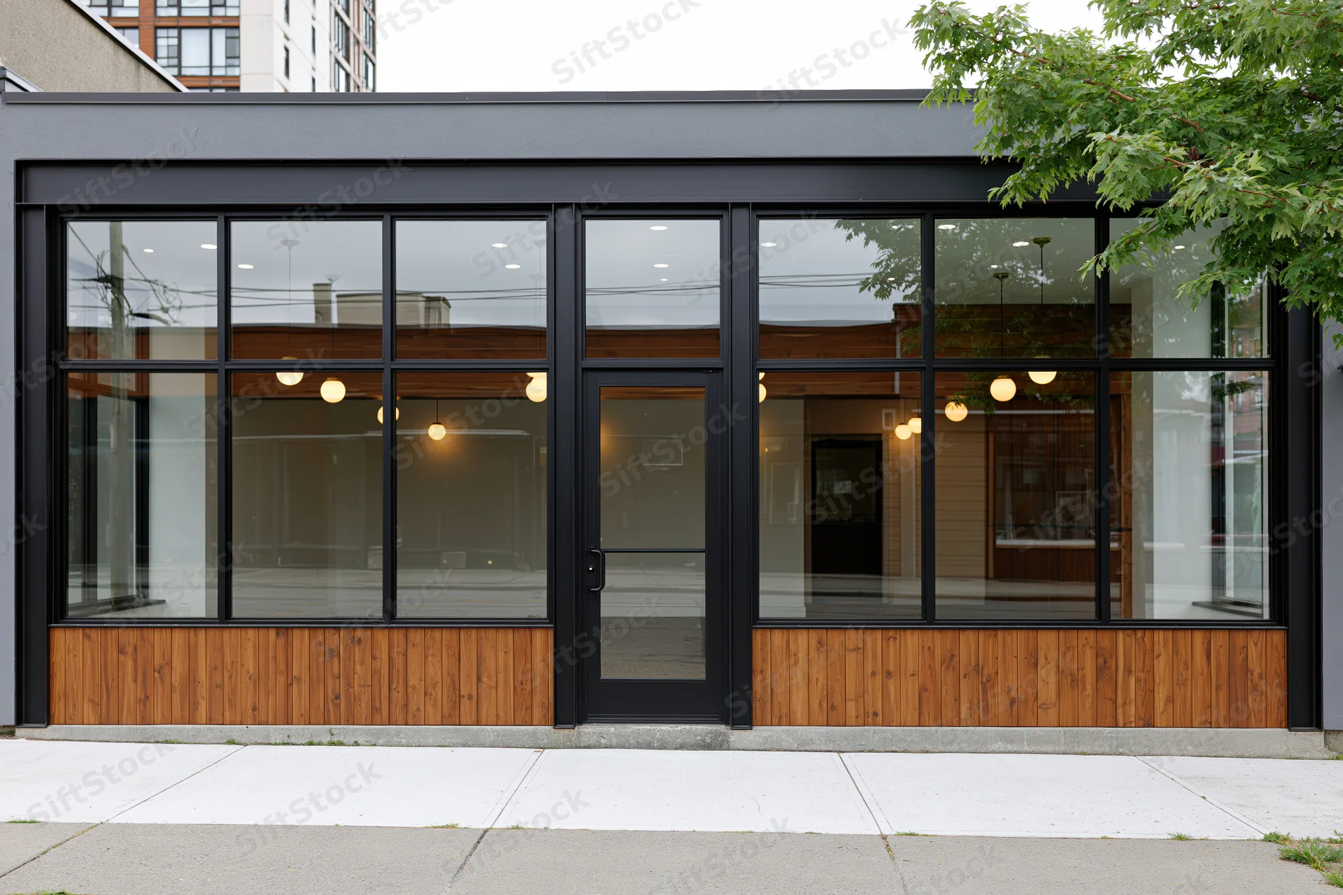 Modern retail storefront with large glass windows and wood paneling on sidewalk