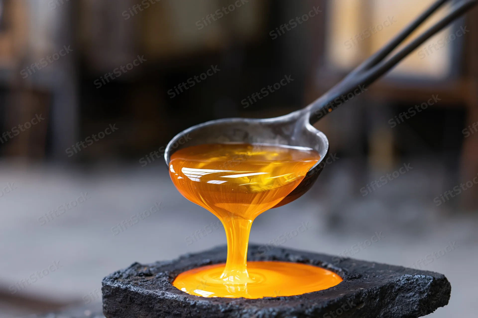 Molten glass being poured from a metal ladle onto a dark stone mold in a workshop